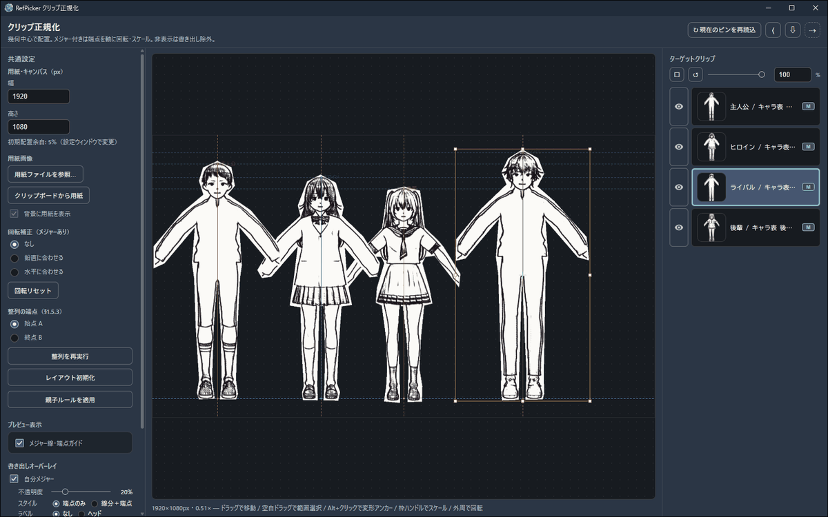 クリップ正規化ウィンドウ。メジャーを基準に4体の全身が同じ縮尺で並んでいる。